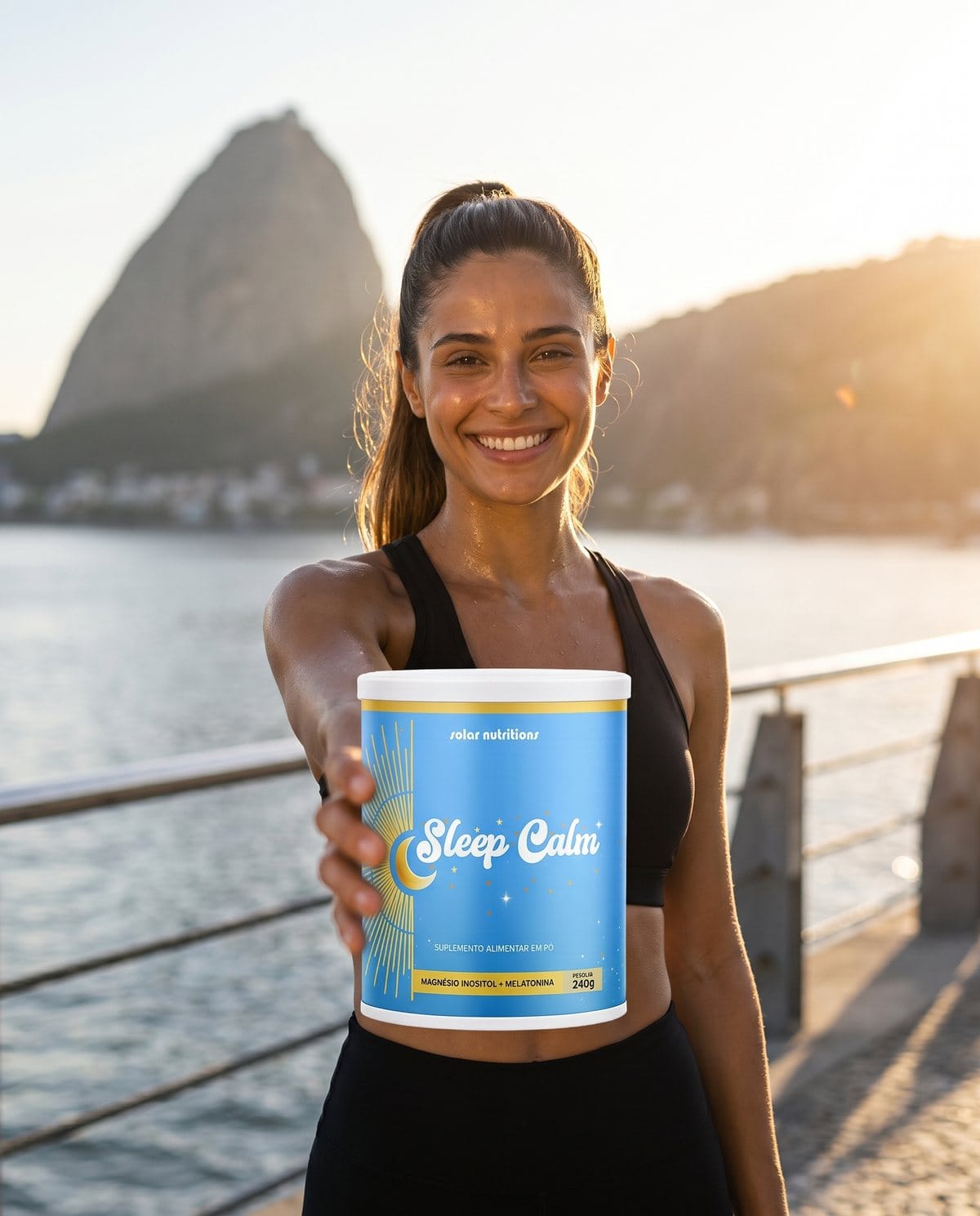 Mulher sorridente em roupa de treino, depois de uma corrida à beira-mar, mostrando um pote de Sleep Calm