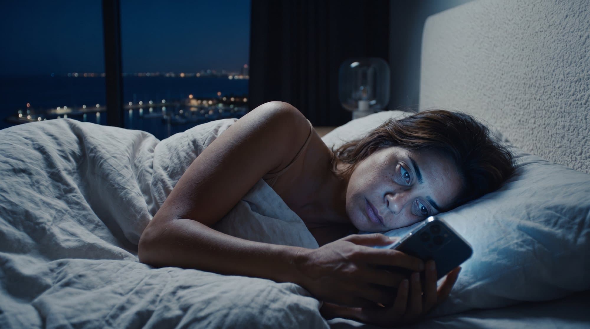 Mulher deitada de lado na cama, acordada, com o rosto iluminado pela tela do celular