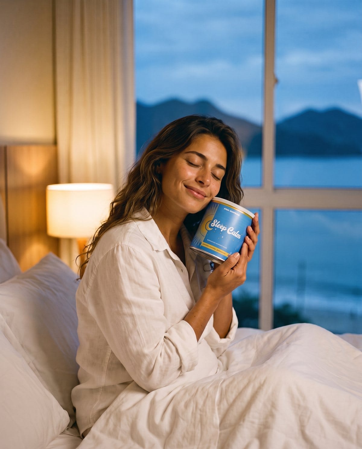 Mulher sentada na cama ao entardecer, de olhos fechados, abraçando um pote de Sleep Calm, com vista para o mar